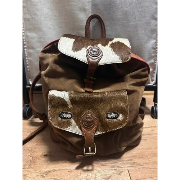 Vintage 70s-90s Michel Jordi Cowhide Suede Leather Backpack Edelweiss Alpine - Picture 1 of 12